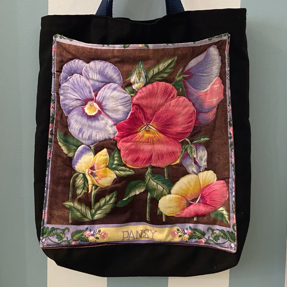 Vintage Handmade Botanical Black Tote Bag with Quilted Floral Pansy Panel